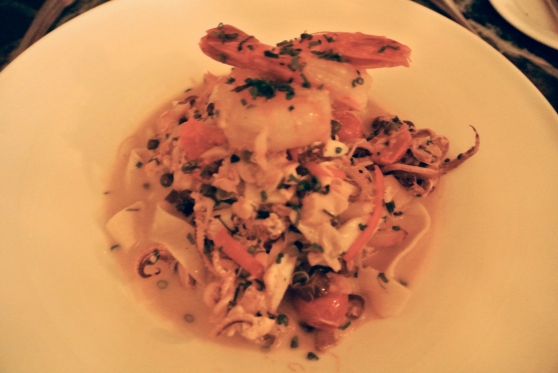 Pappardelle Pescatore -  Shrimp, Crab, Clams, Calamari, Sweet Peppers, Capers, Olives, Tomatoes, Wine and  Lemon Butter Sauce 