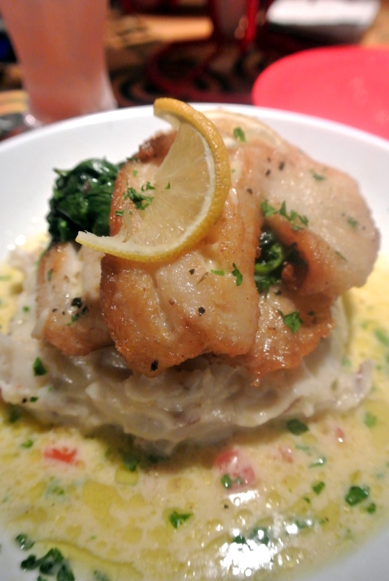 Jenny’s Catch with Lobster Butter Sauce -  Pan seared Tilapia laid over Mashed Potatoes with sautéed Spinach and a creamy Lobster Butter Sauce