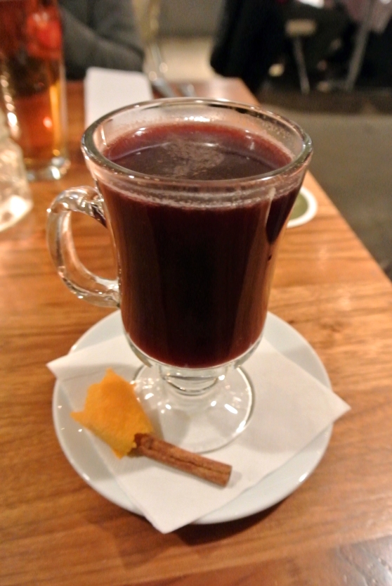 Mulled wine (gluvine) --  Warm red wine along with various mulling spices 